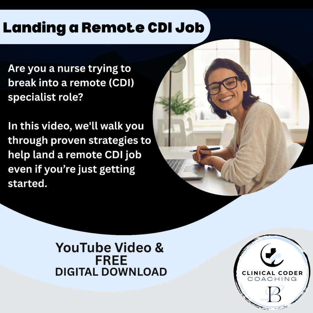Nurse smiling at a laptop, promoting strategies for landing a remote CDI job. Includes details about a YouTube video and free digital download.