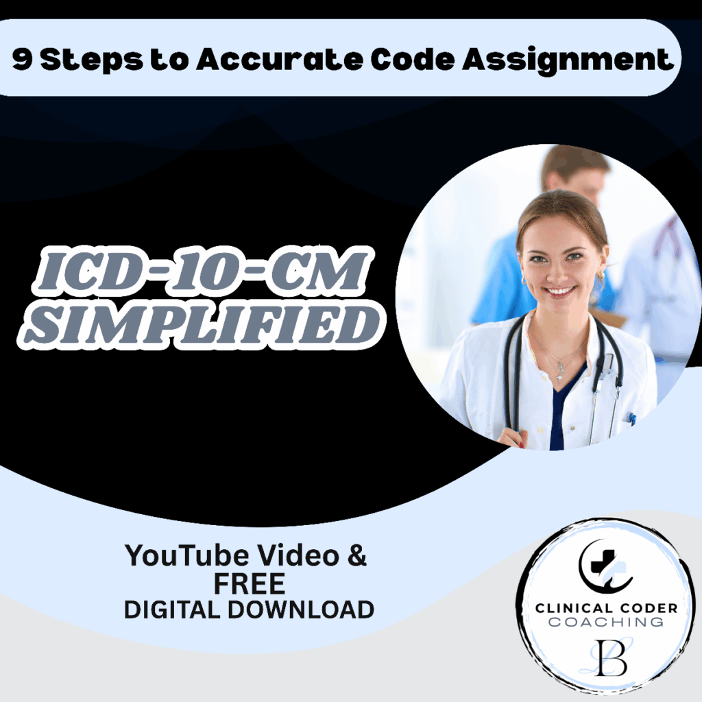 ICD-10-CM Simplified graphic promoting a YouTube video and free digital download, featuring a smiling healthcare professional.