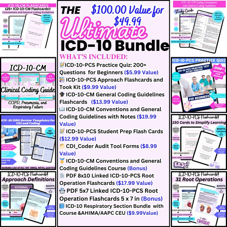 Ultimate ICD-10 bundle offering $100 worth of resources for $49.99, including flashcards, quizzes, and coding guides for beginners.