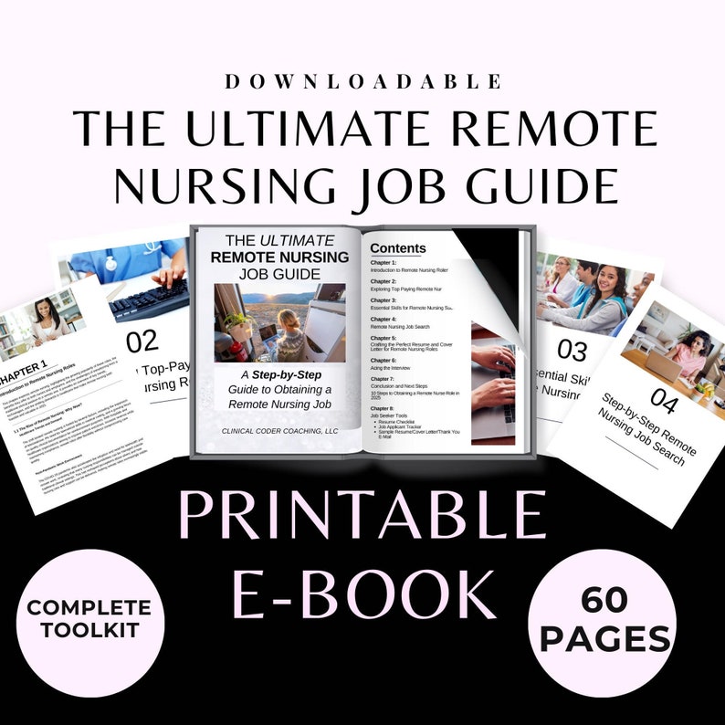 E-book cover showcasing "The Ultimate Remote Nursing Job Guide," featuring chapters on job search strategies and skills needed for remote nursing roles.