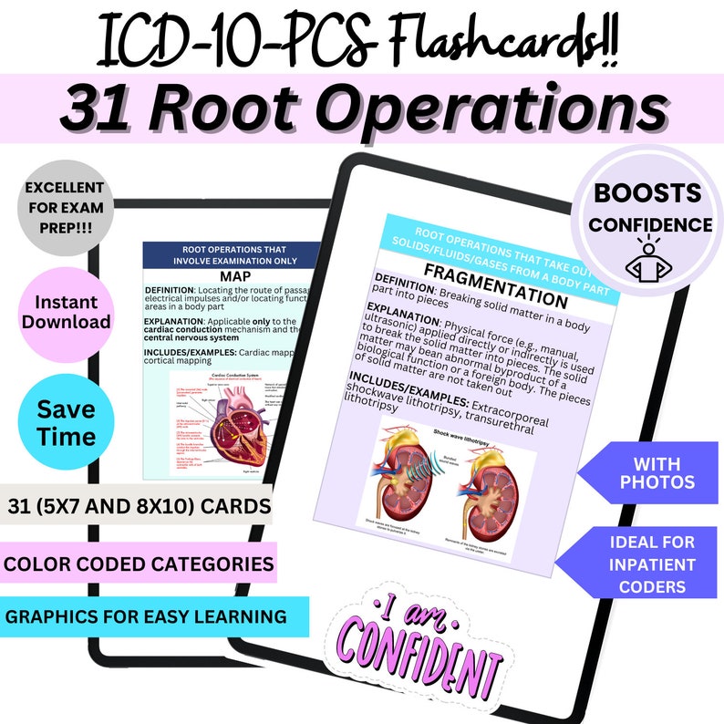 ICD-10-PCS flashcards display definitions and explanations of 31 root operations, aiding exam prep with categorized graphics and instant download.