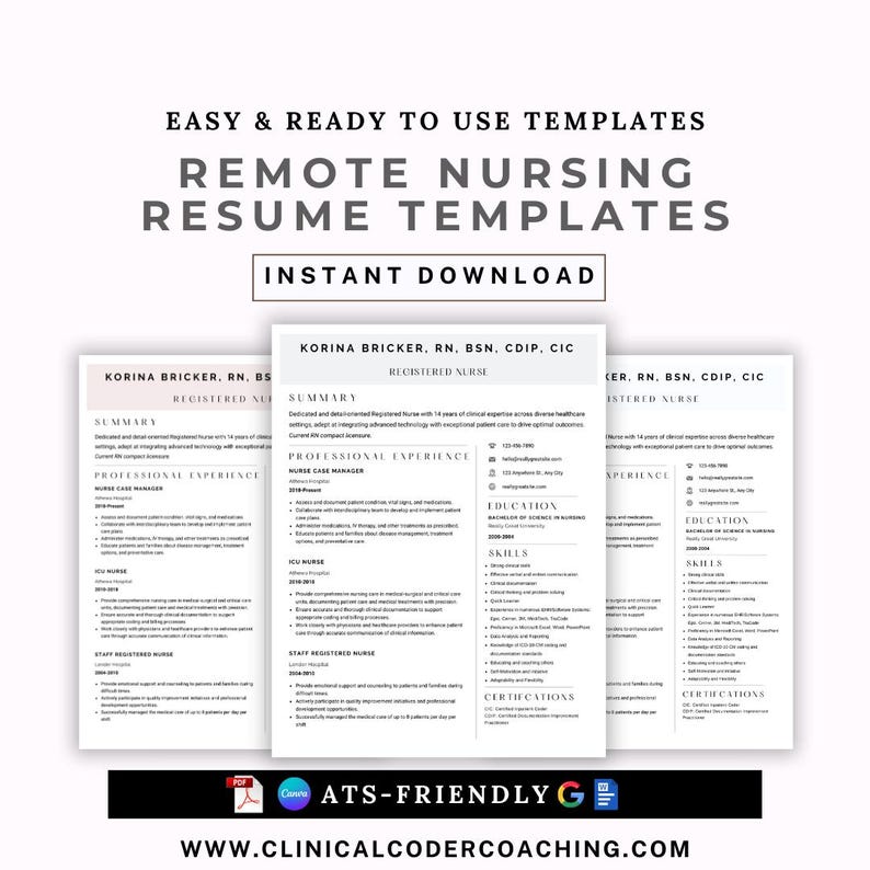 Templates for remote nursing resumes showcasing a healthcare professional's qualifications and experience. Available for instant download.